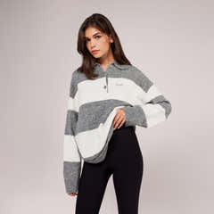 Gebürsteter Oversized-Polo-Pullover aus Strick – Grau gestreift