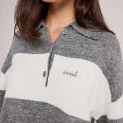 Gebürsteter Oversized-Polo-Pullover aus Strick – Grau gestreift