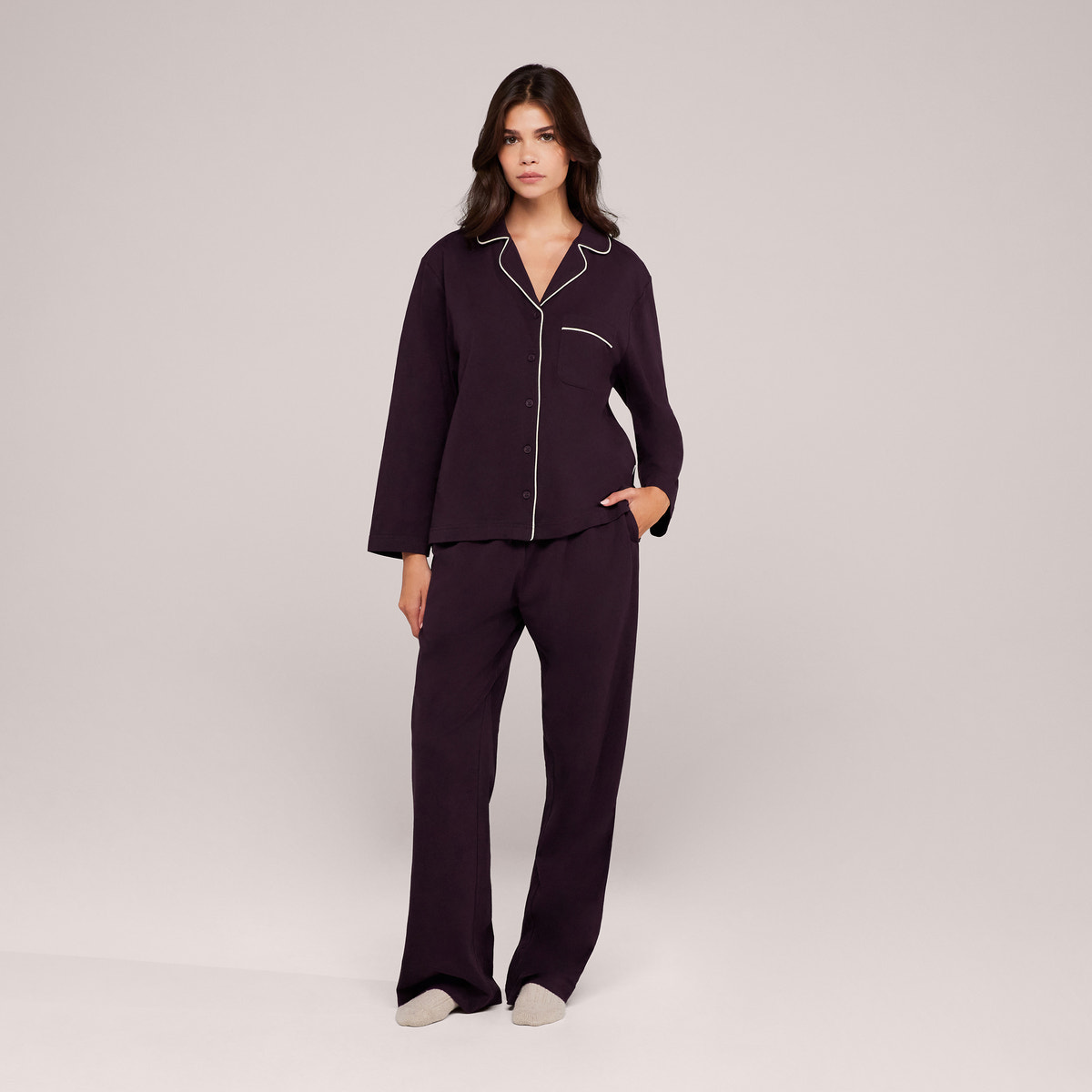 Durchgeknöpftes Pyjama-Oberteil aus Bio-Baumwolle – Weinrot