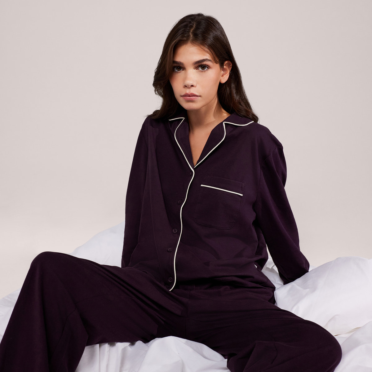 Pyjamahose aus Bio-Baumwolle mit durchgehender Knopfleiste - Weinrot