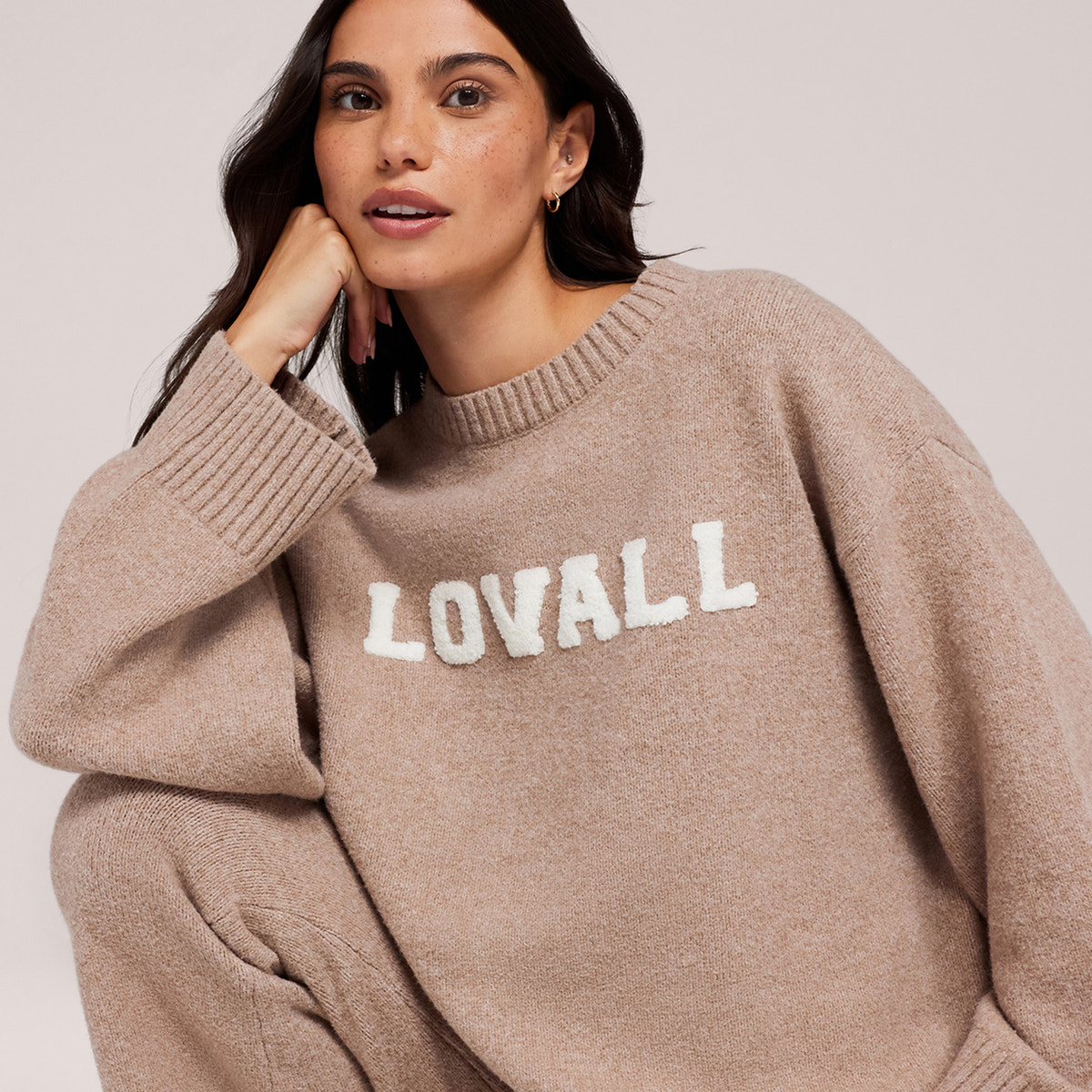 Oversized Varsity Strickpullover - Biscuit