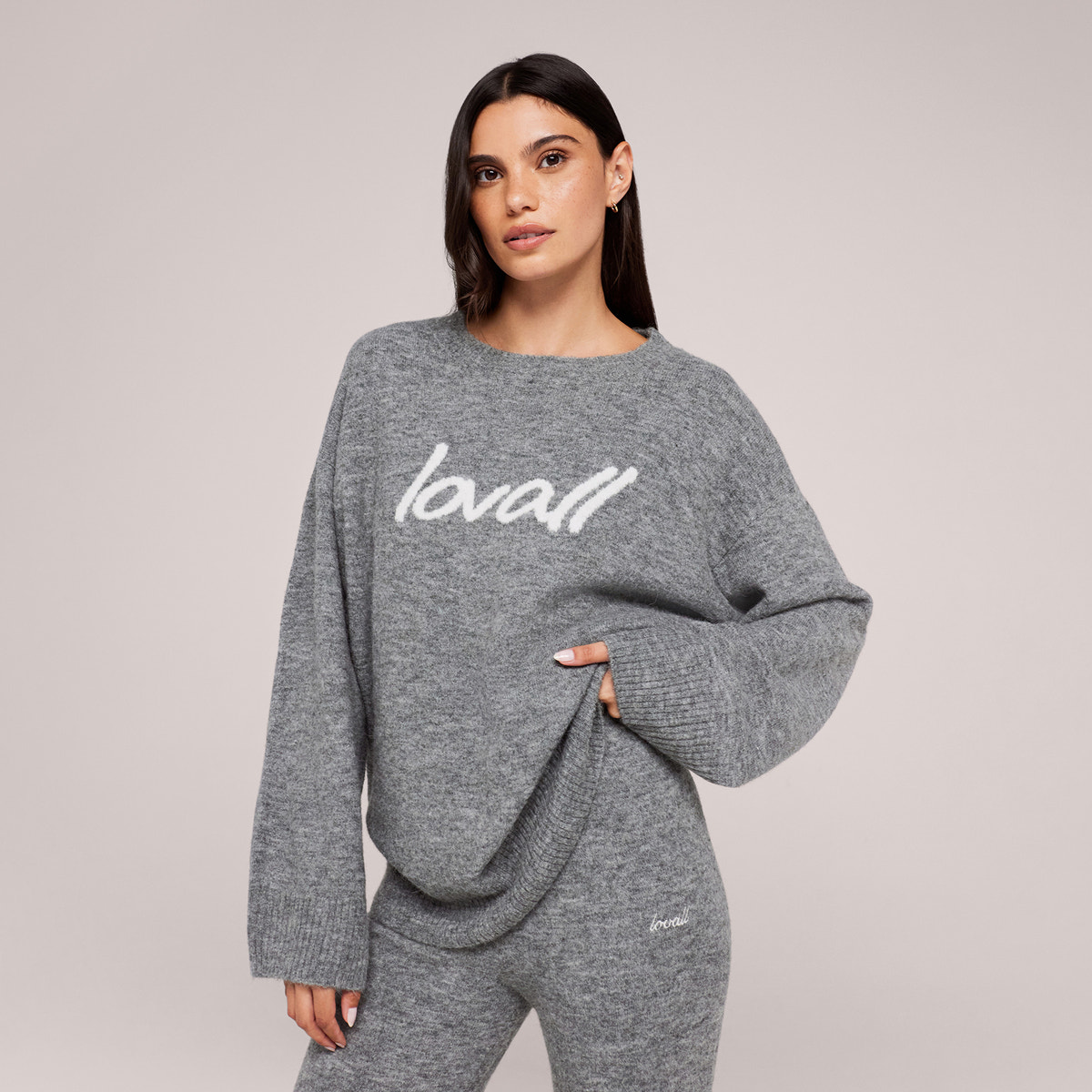 Gebürsteter Strick Oversized Jumper mit Schriftzug - Grau