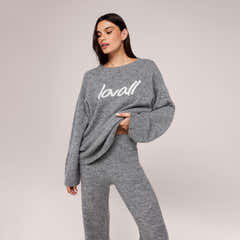 Gebürsteter Strick Oversized Jumper mit Schriftzug - Grau
