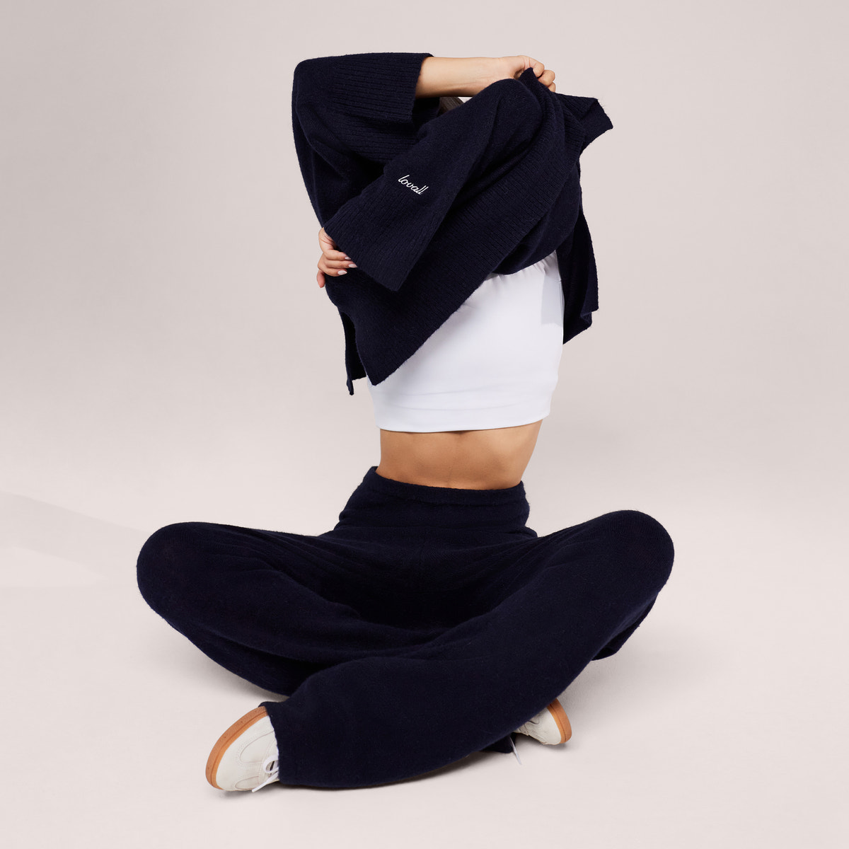 Gebürstete Strickhose mit weitem Bein – Navy