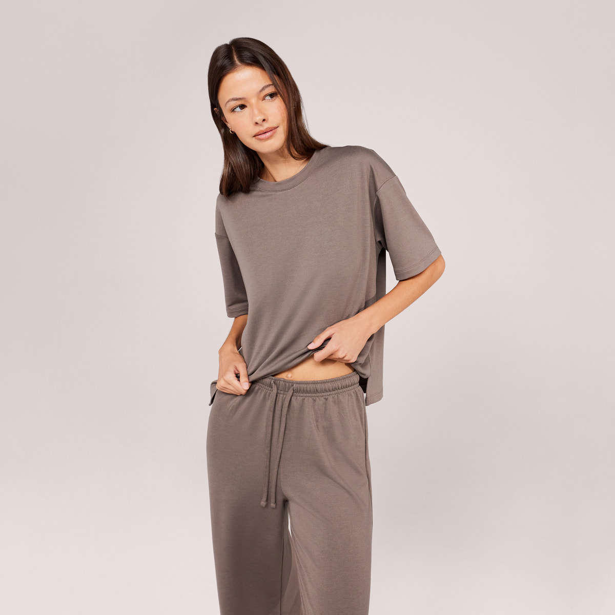 Loungewear-Set mit weitem Bein und weichem Griff – Schwarzer Kaffee