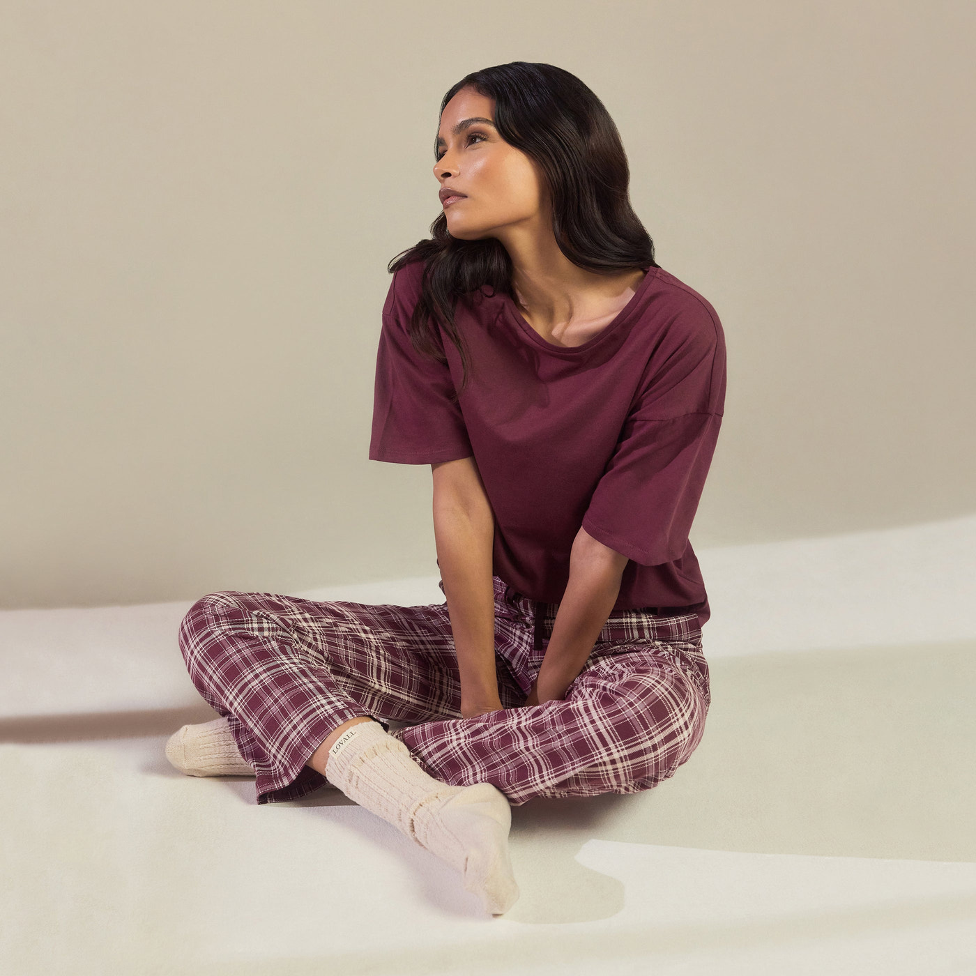 100% Baumwoll-Pyjama Set - Burgunderrotes Karo