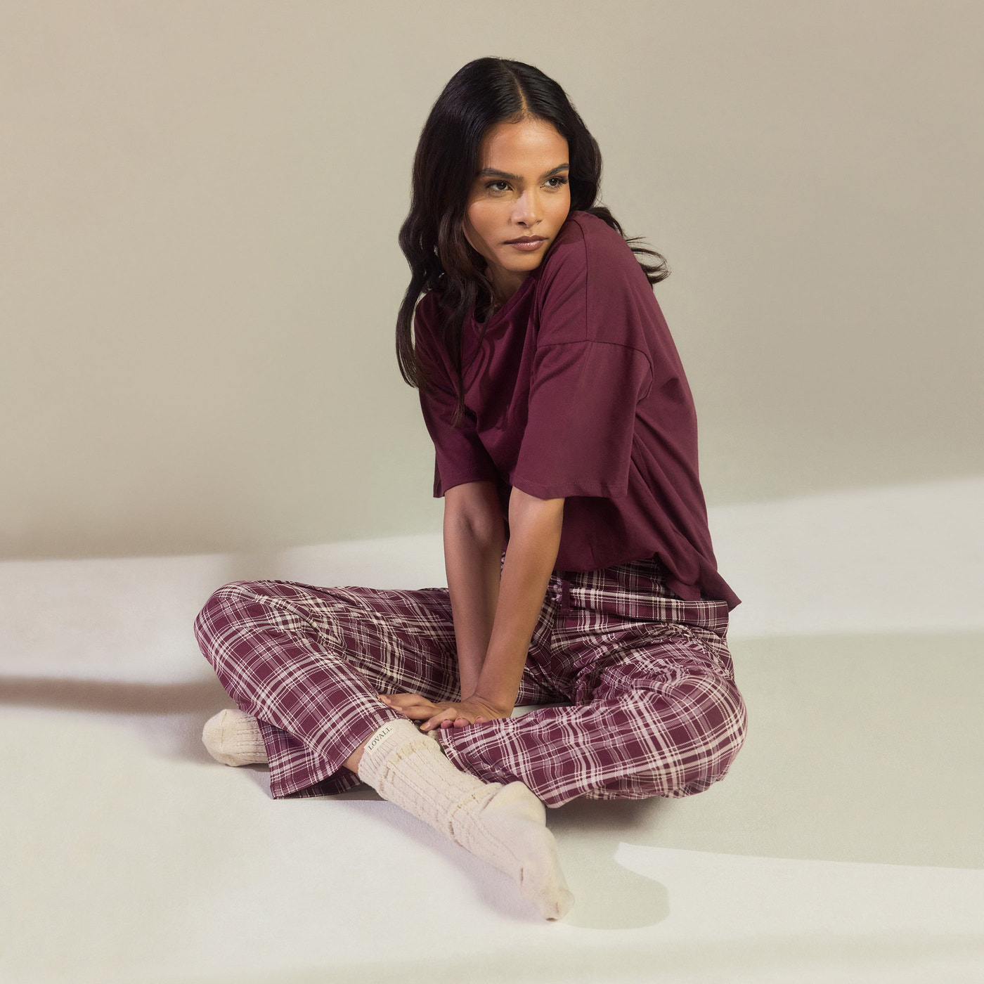 100% Baumwoll-Pyjama Set - Burgunderrotes Karo
