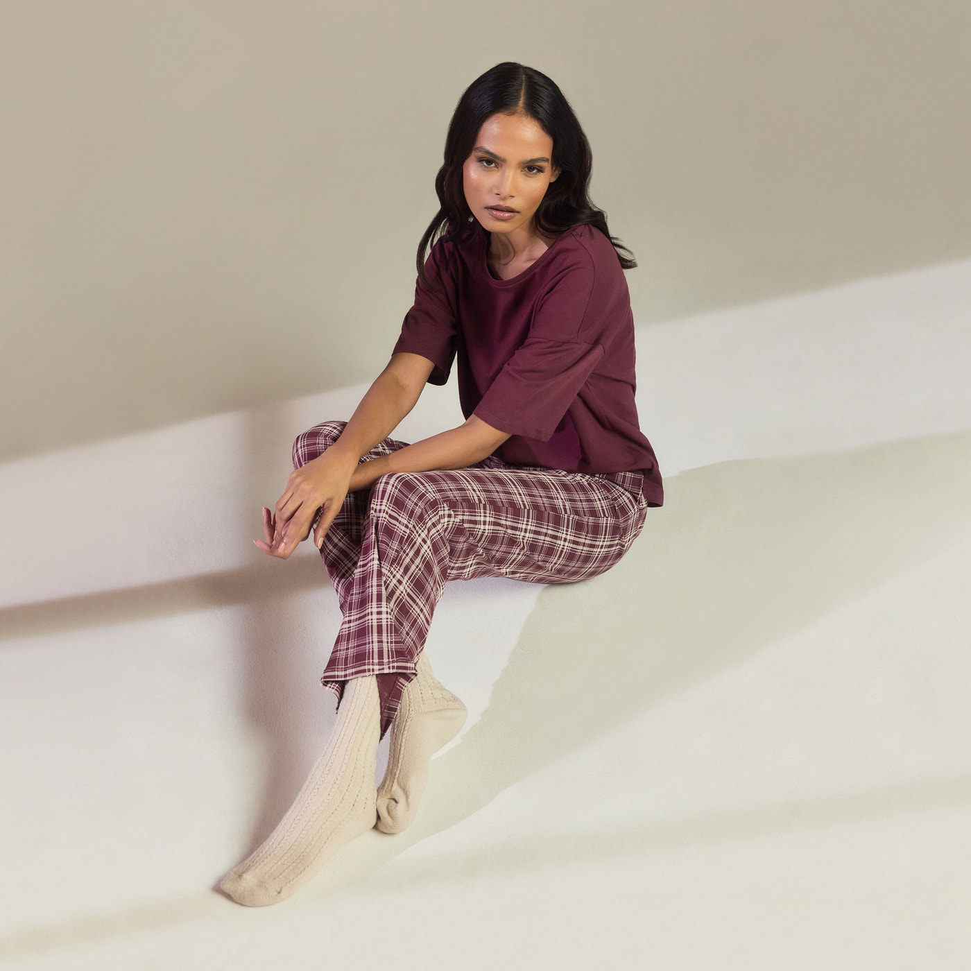 100% Baumwoll-Pyjama Set - Burgunderrotes Karo