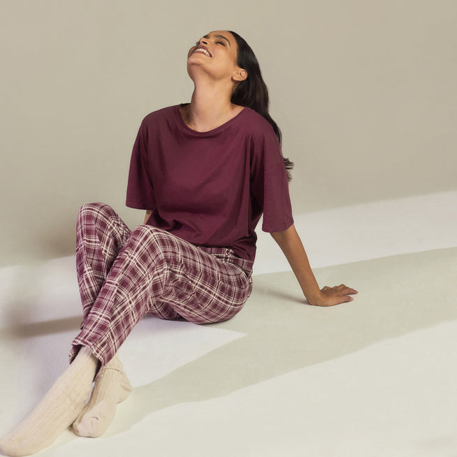 100% Baumwoll-Pyjama Set - Burgunderrotes Karo
