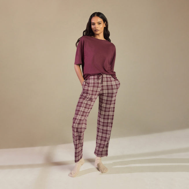 100% Baumwoll-Pyjama Set - Burgunderrotes Karo