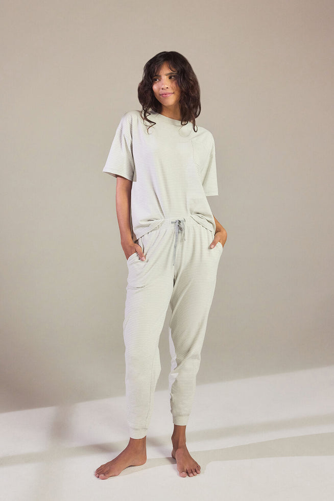 Baumwoll-Pyjama Set Gestreift - Hellgraues