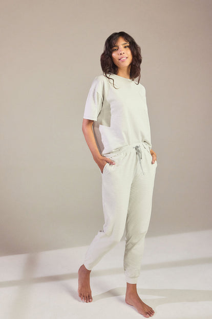 Baumwoll-Pyjama Set Gestreift - Light Grey