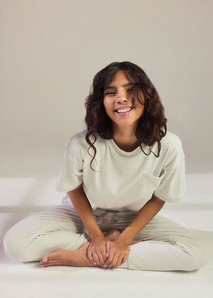 Baumwoll-Pyjama Set Gestreift - Light Grey