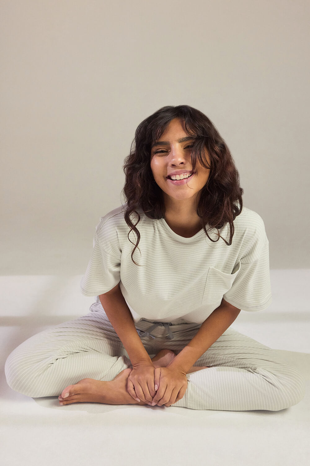 Baumwoll-Pyjama Set gestreift Curvy- Light Grey Striped
