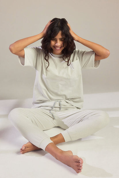 Baumwoll-Pyjama Set Gestreift - Light Grey