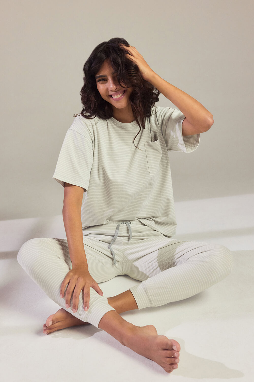 Baumwoll-Pyjama Set gestreift Curvy- Light Grey Striped