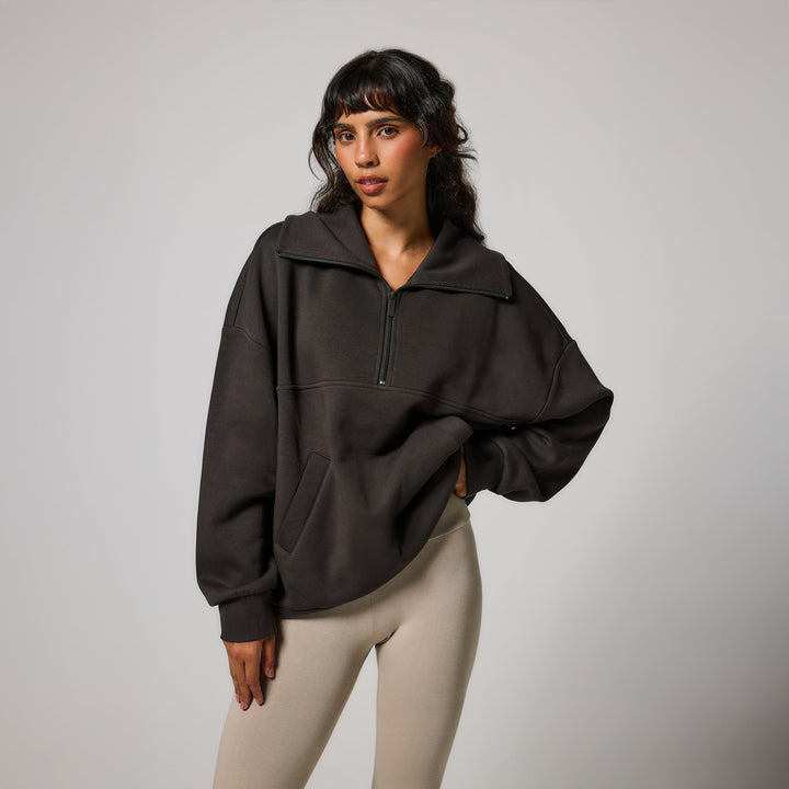 Bio Oversized Sweatshirt mit 1/4-Reißverschluss – Black Coffee