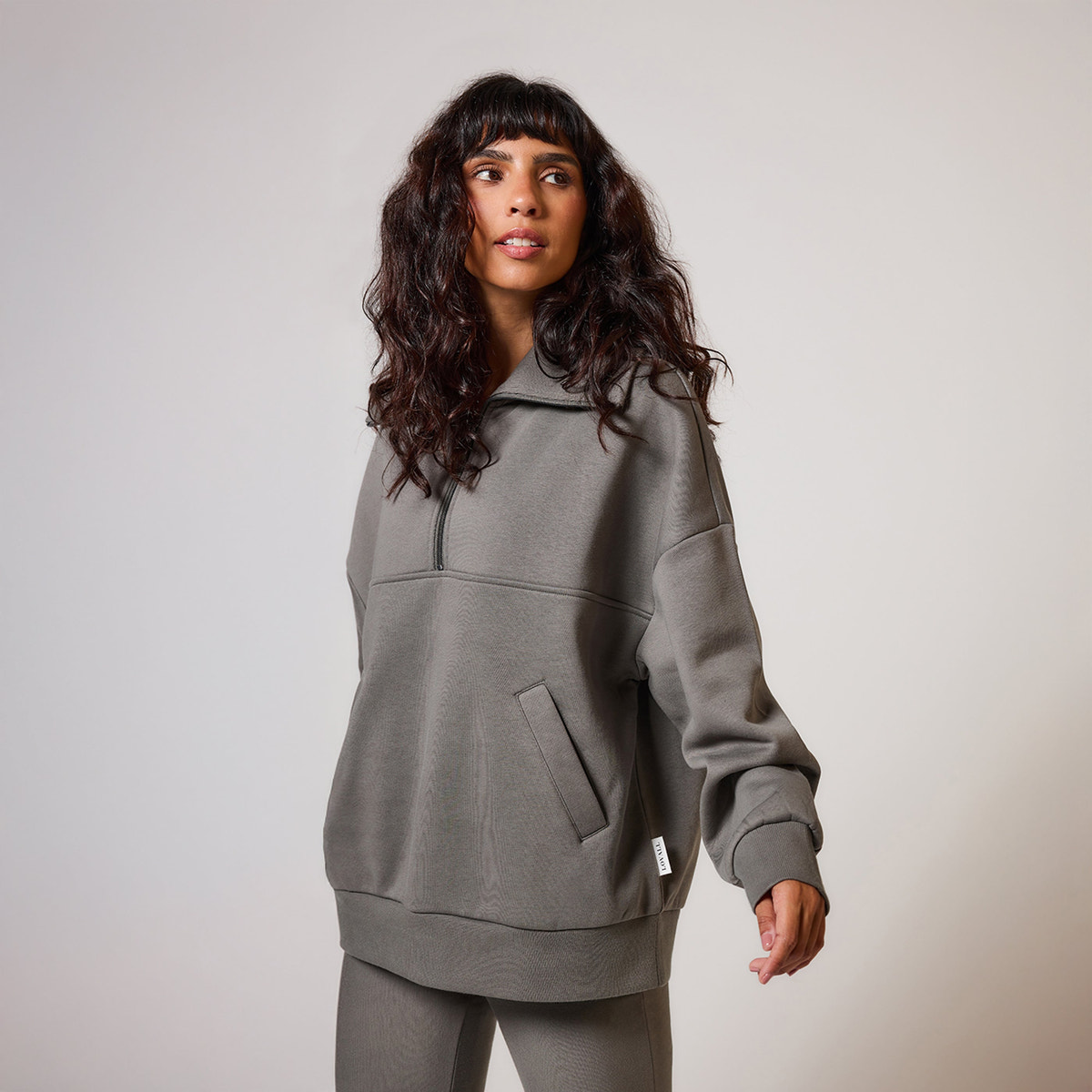 Oversize-Sweatshirt aus Bio-Baumwolle mit 1/4-Reißverschluss – Schiefergrün