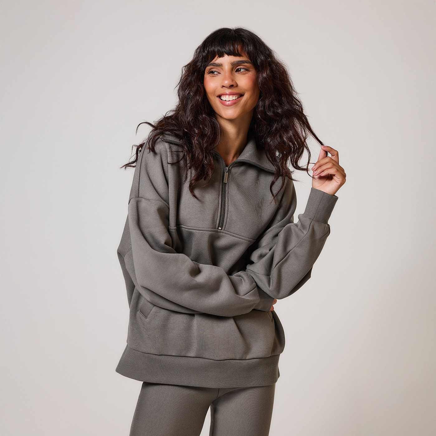 Oversize-Sweatshirt aus Bio-Baumwolle mit 1/4-Reißverschluss – Schiefergrün