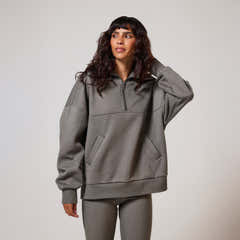 Oversize-Sweatshirt aus Bio-Baumwolle mit 1/4-Reißverschluss – Schiefergrün