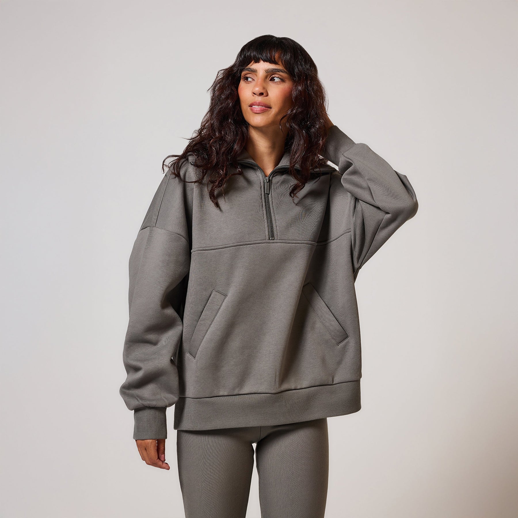 Oversize-Sweatshirt aus Bio-Baumwolle mit 1/4-Reißverschluss – Schiefergrün