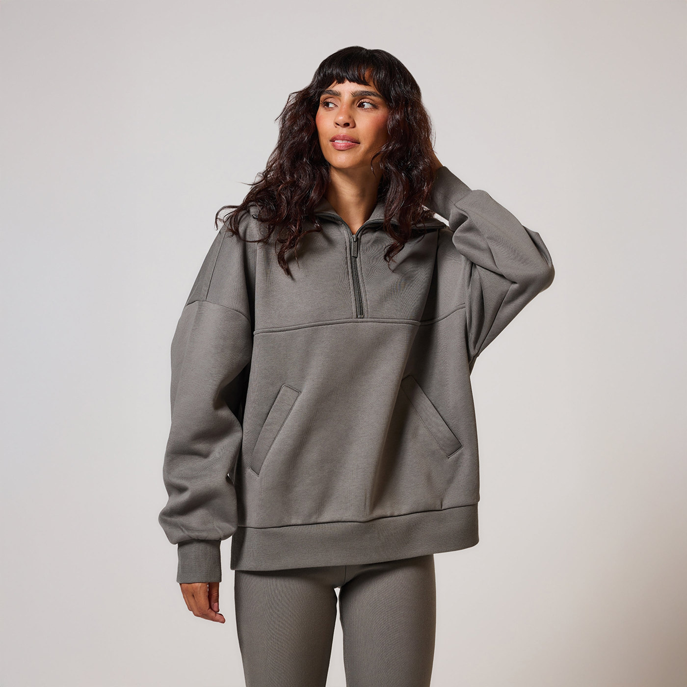 Oversize-Sweatshirt aus Bio-Baumwolle mit 1/4-Reißverschluss – Schiefergrün