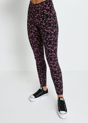 Alltägliche High-Waisted Leggings - Schwarze/Bordeaux-Rote Blumenmuster