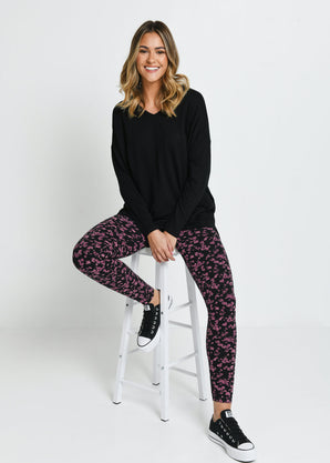 Alltägliche High-Waisted Leggings - Schwarze/Bordeaux-Rote Blumenmuster