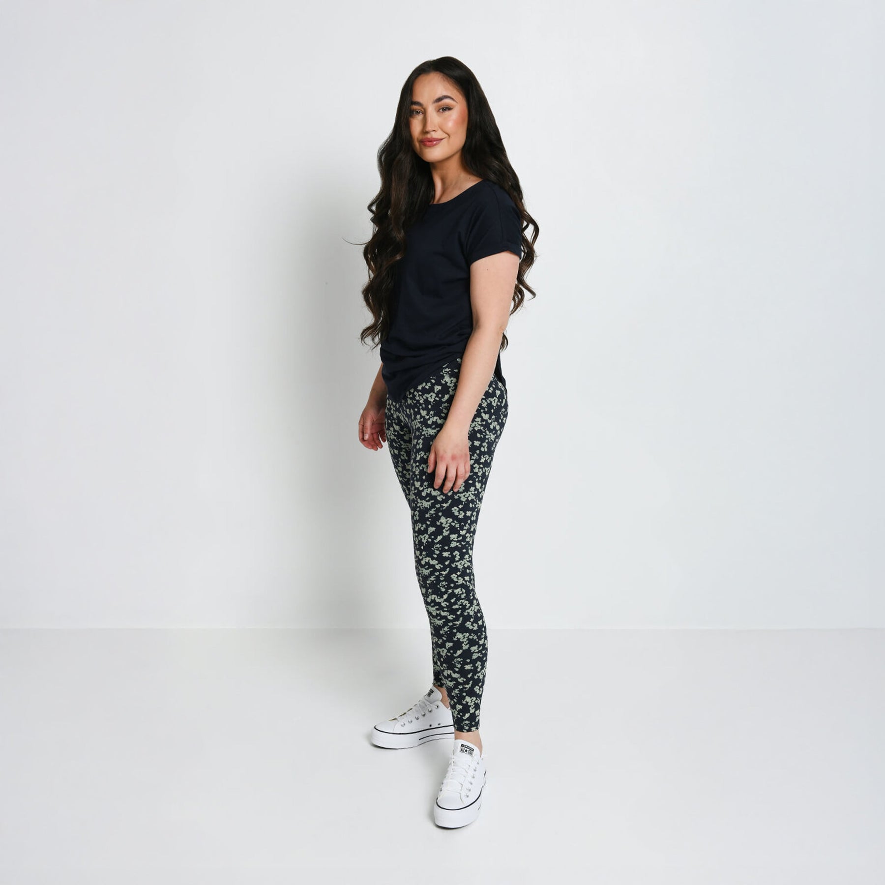 Alltägliche High-Waisted Leggings - Navy-/Grüne Blumenmuster