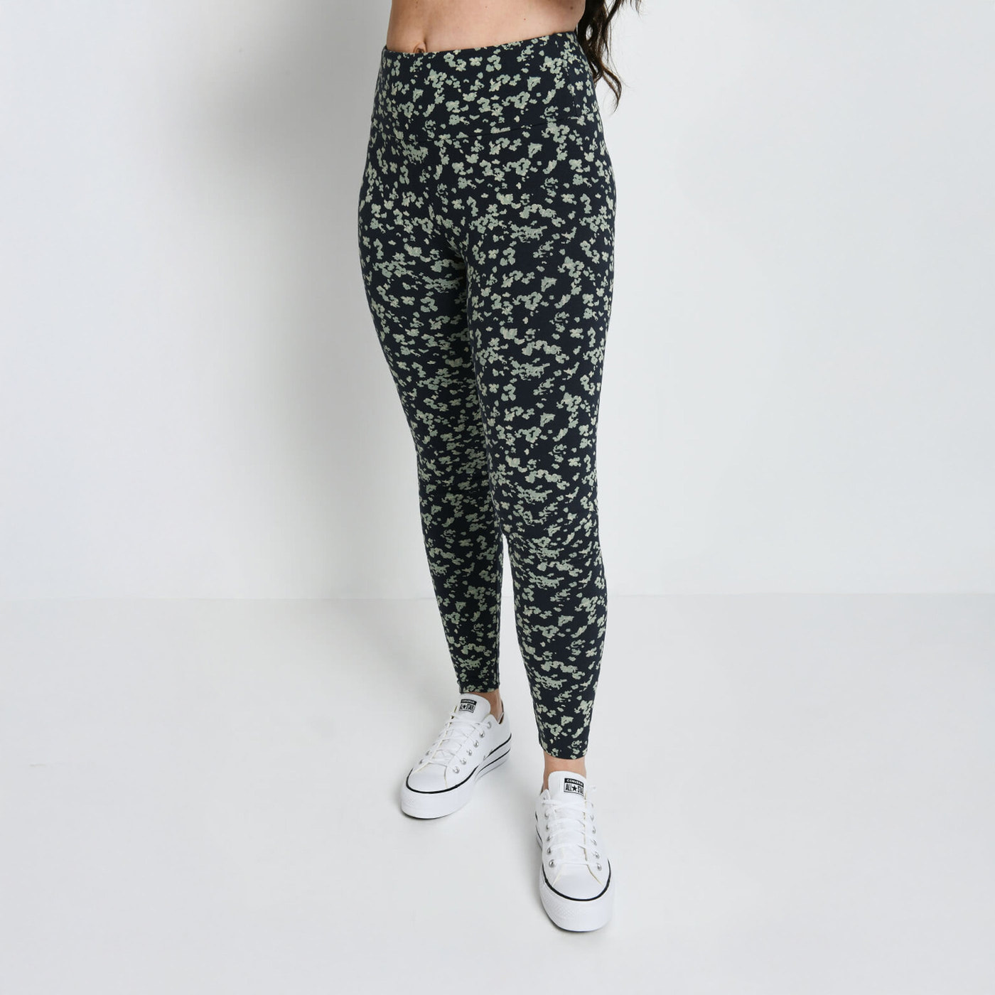 Alltägliche High-Waisted Leggings - Navy-/Grüne Blumenmuster