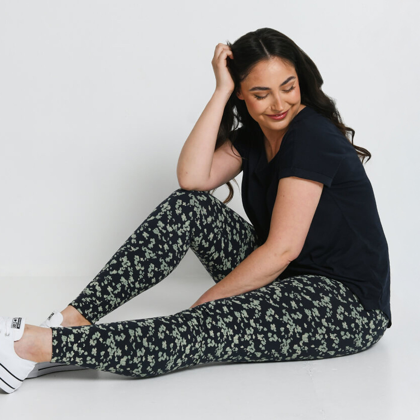 Alltägliche High-Waisted Leggings - Navy-/Grüne Blumenmuster