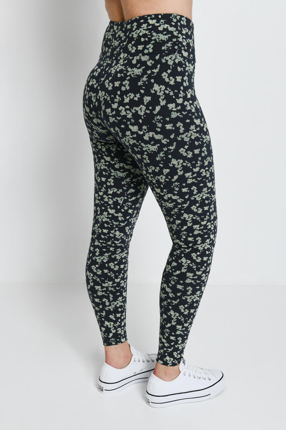 Alltägliche High-Waisted Leggings - Navy-/Grüne Blumenmuster