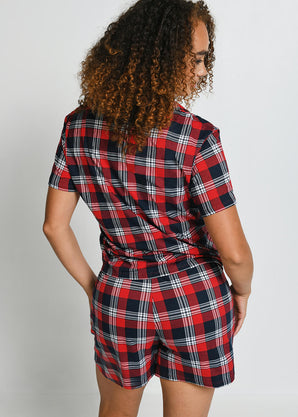 Soft Touch Pyjama-Set Mit Knöpfen - Navy und Rotkarierte