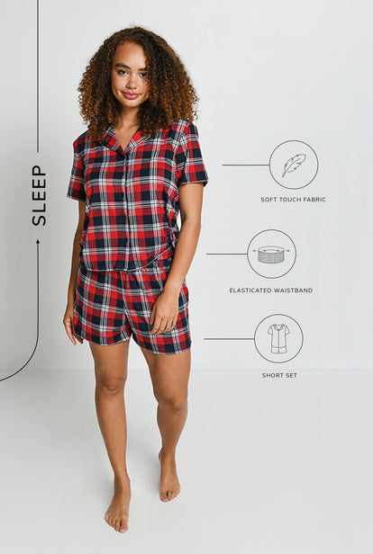 Soft Touch Pyjama-Set Mit Knöpfen - Navy & Red Check