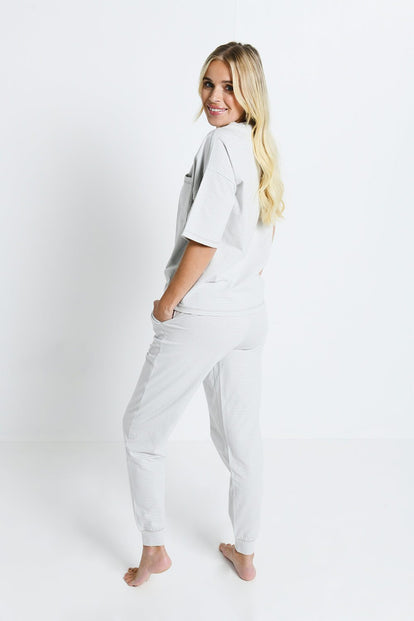 Baumwoll-Pyjama Set Gestreift - Light Grey