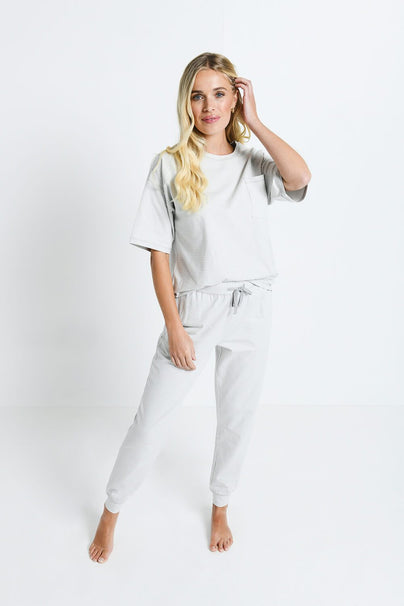 Baumwoll-Pyjama Set Gestreift - Light Grey