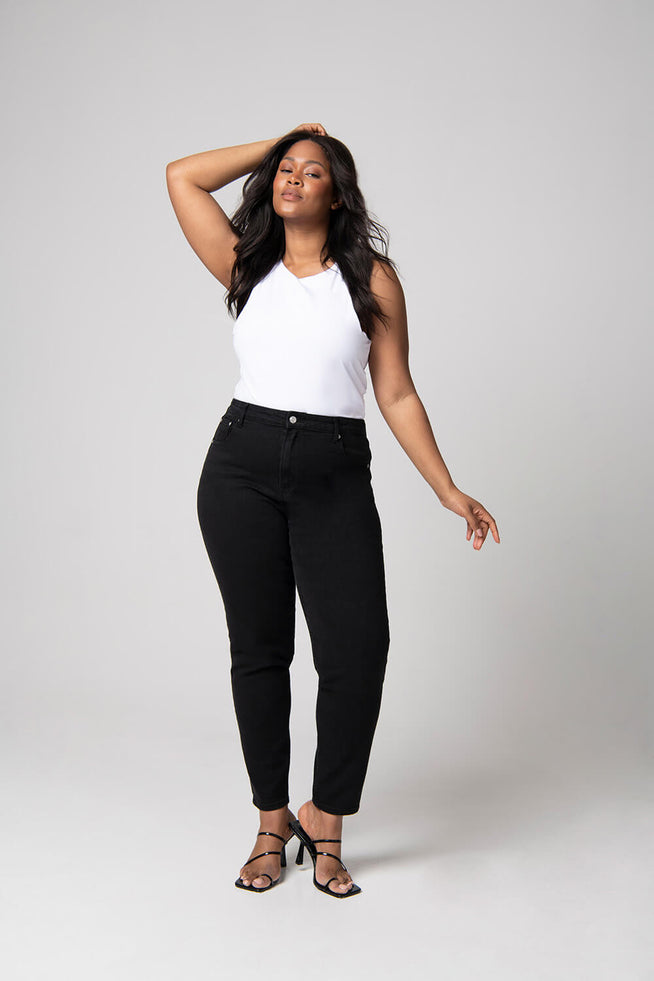 Gerippte Hose Mit Weitem Bein Curvy-Fit Mom Jeans - Black