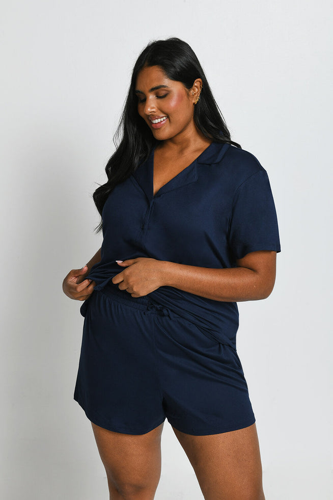 Soft Touch Pyjama-Set Mit Knöpfen Curvy - Navy