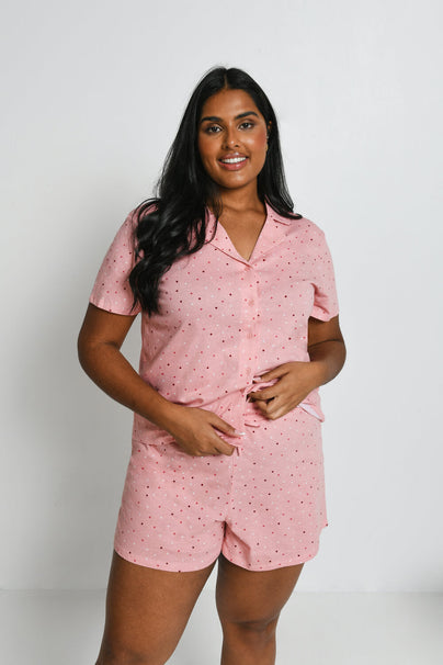 100% Baumwoll-Pyjama Set Mit Knöpfen Curvy - Pink Dot