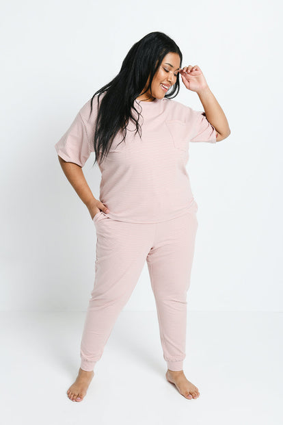 Baumwoll-Pyjama Set gestreift Curvy - Dusty Pink Striped