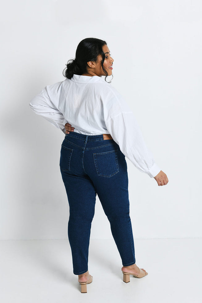 Gerippte Hose Mit Weitem Bein Curvy-Fit Mom Jeans - Dark Blue