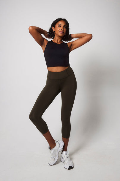 Focus Cropped High Waisted Sport Leggings - Olive Green