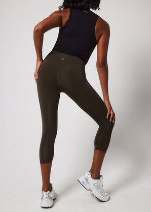 Focus Cropped High Waisted Sport Leggings - Olive Green