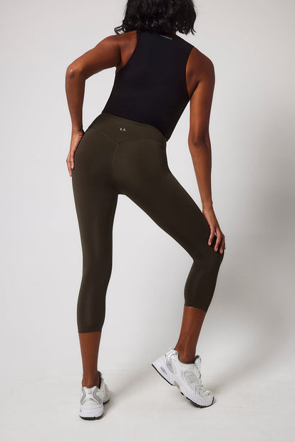 Focus Cropped High Waisted Sport Leggings - Olive Green