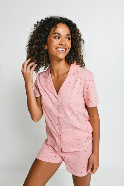 100% Baumwoll-Pyjama Set Mit Knöpfen - Pink Dot